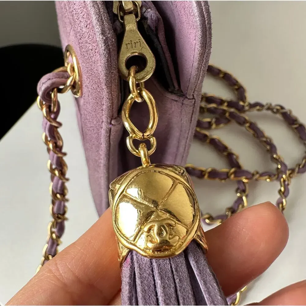 CHANEL Vintage Purple Quilted Suede Chain Link Shoulder Bag CC Logo Tassel Charm